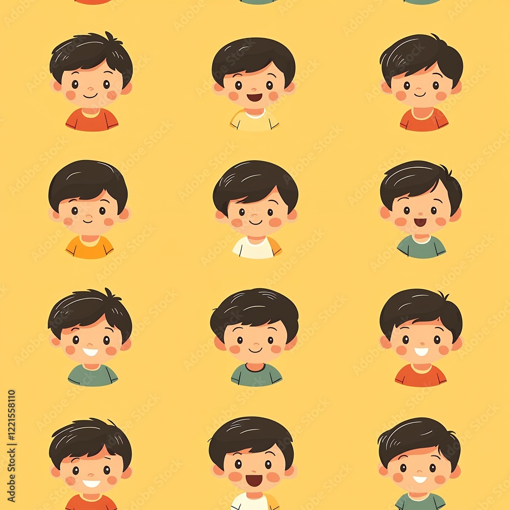 Collection of Cheerful Cartoon Boy Faces Showing Various Emotions on a Bright Yellow Background Collection of Cheerful Cartoon Boy Faces Showing Various Emotions on a Bright Yellow Background