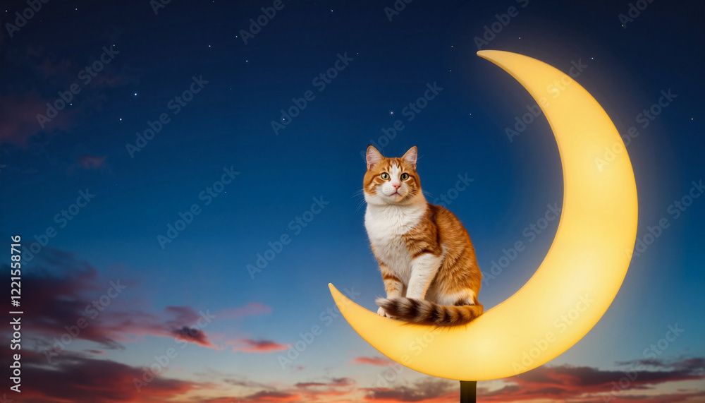 Obraz premium Cat sitting on glowing crescent moon under starry sky, whimsical night