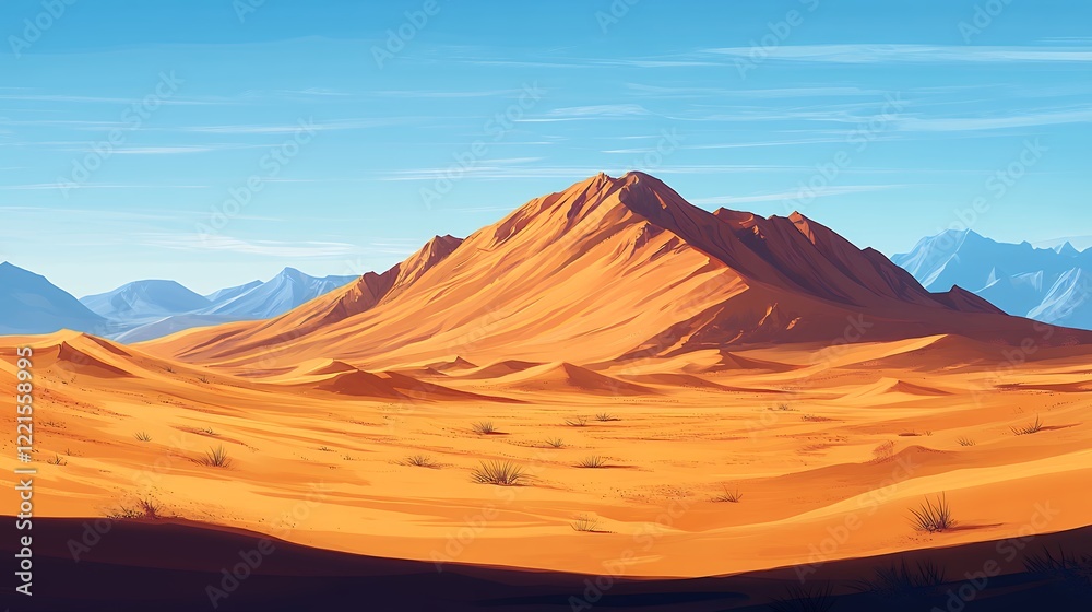 Naklejka premium Vibrant Desert Landscape Showcasing Undulating Sand Dunes and a Majestic Mountain Under a Clear Blue Sky at Midday, Highlighting the Natural Beauty of Arid Regions