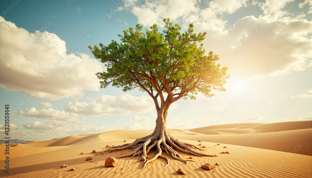 Fototapeta premium Surreal tree with roots in sandy desert under cloudy sky, dreamscape