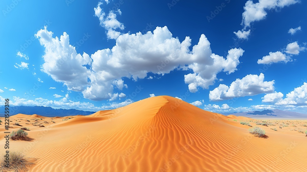 Vibrant Orange Sand Dunes Stretch Under a Bright Blue Sky Filled With Fluffy White Clouds in a Desert Landscape During Daylight Hours Vibrant Orange Sand Dunes Stretch Under a Bright Blue Sky Filled With Fluffy White Clouds in a Desert Landscape During Daylight Hours
