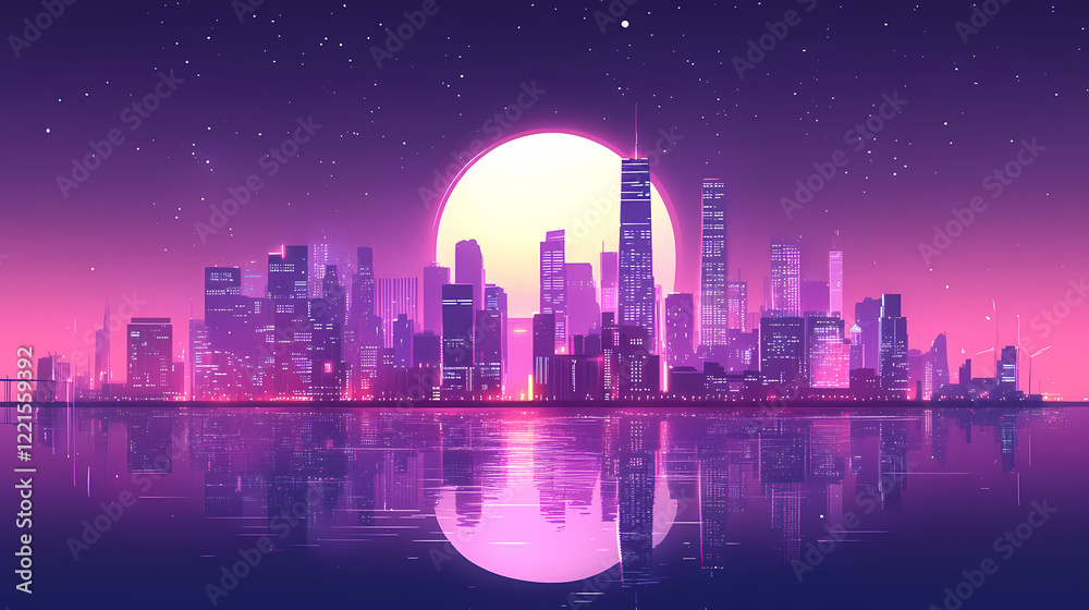 Fototapeta premium City skyline under a large moon at night with water. Heavenly Harbor. Illustration