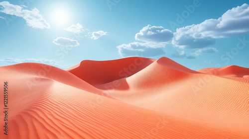 Beautiful Desert Landscape Featuring Rolling Red Sand Dunes Under a Bright Blue Sky With Fluffy Clouds and a Vibrant Sun Shining Down