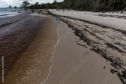 One of the rare beaches on the Rio Negro river in Amazon, Brazil. The water is dark because of the large amount of decomposed plant matter, primarily leaves from the Amazon rain forest. photo