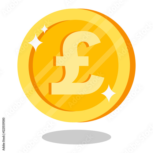 Gold coin with pound symbol floating and shining in a white background