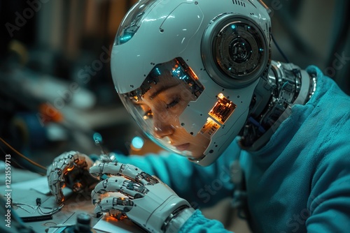 A person wearing a helmet works on a robot, focusing on its mechanical components photo