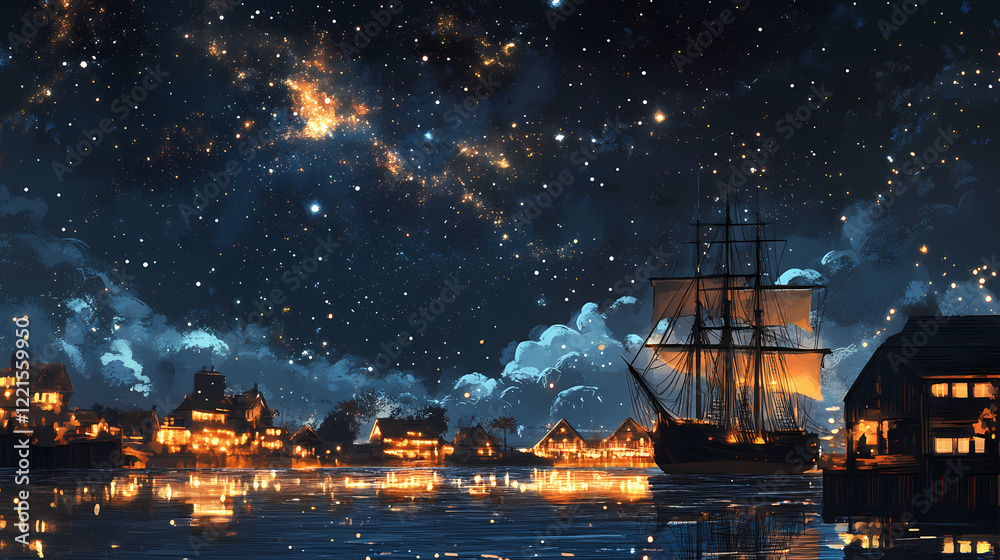 Enchanting sailing ship under a starry night sky - dreamy nautical adventure scene. Heavenly Harbor. Illustration Enchanting sailing ship under a starry night sky - dreamy nautical adventure scene. Heavenly Harbor. Illustration