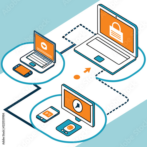 Flat illustration of a digital workflow with connected devices Illustrator Artwork