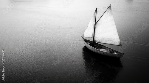 A serene black-and-white depiction of a solitary sailboat with sails unfurled gracefully sailing across a tranquil, expansive body of water, reflecting the quiet harmony between human craft and nature