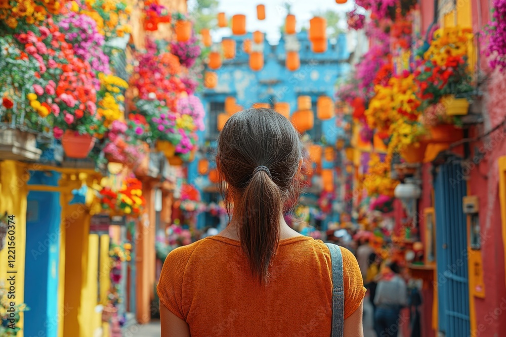 Obraz premium A person in an orange shirt is walking down the street, with urban surroundings