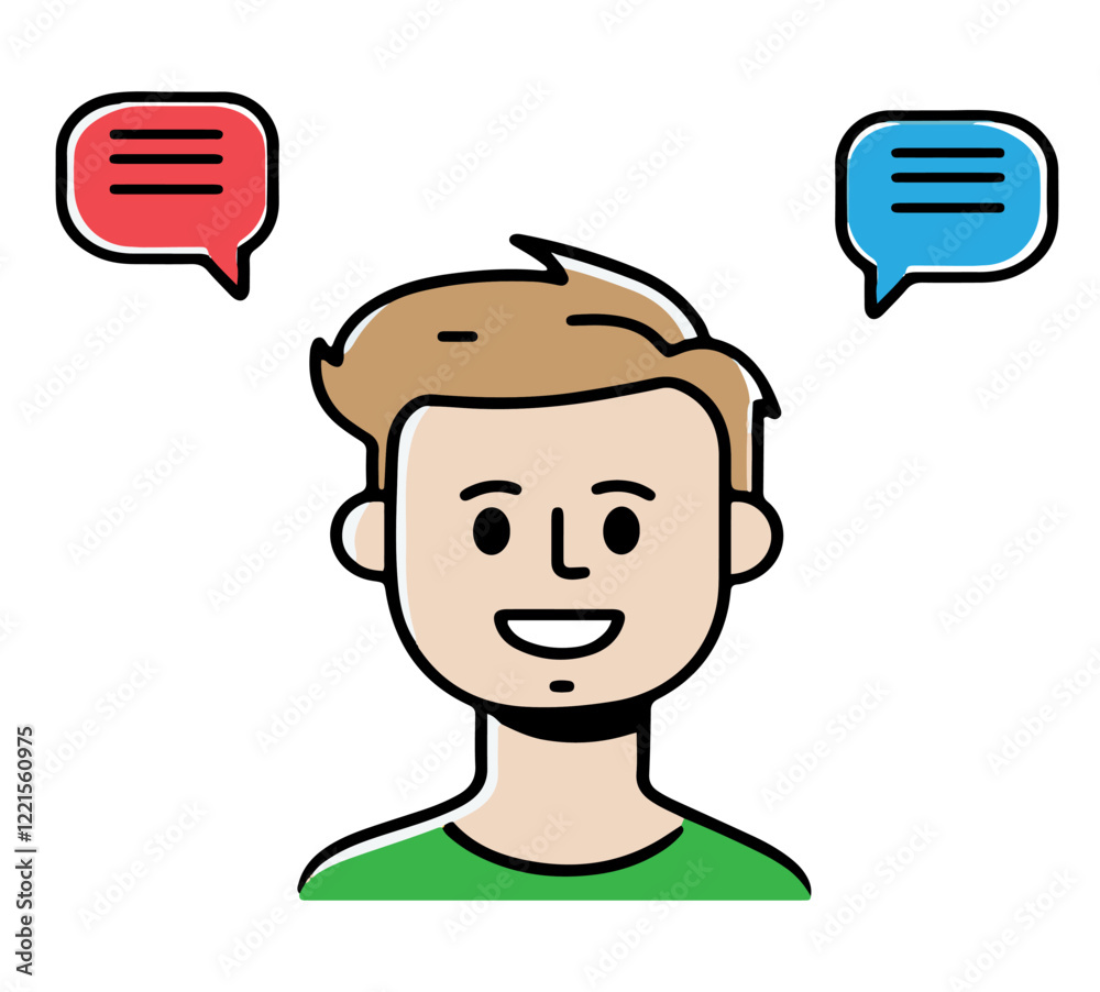 Conversation bubble graphics with smiling person engaging in dialogue Conversation bubble graphics with smiling person engaging in dialogue