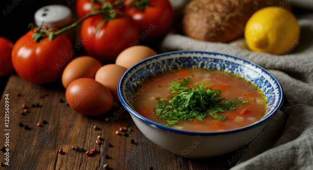Fresh vegetable soup garnished with herbs, served with bread and eggs Fresh vegetable soup garnished with herbs, served with bread and eggs