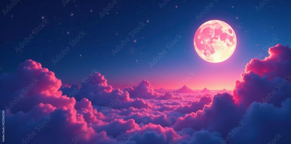 Obraz premium Glowing pink clouds with a full moon and many stars above, stars, night sky