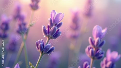 Macro photography of lavender flowers with dew drops at sunrise	