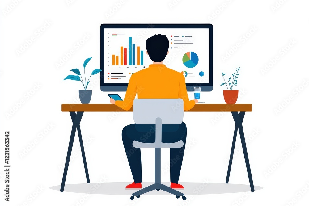 A marketer reviewing analytics for a successful ad campaign, displayed on a large monitor A marketer reviewing analytics for a successful ad campaign, displayed on a large monitor