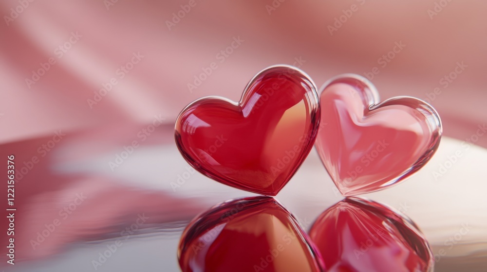 Two hearts are placed on a table, reflecting in the water Two hearts are placed on a table, reflecting in the water