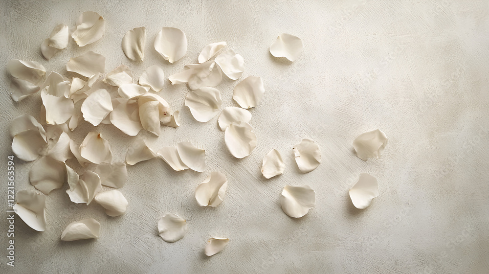 Soft, delicate white rose petals scattered on a light beige background. Perfect for wedding or romantic themes. Soft, delicate white rose petals scattered on a light beige background. Perfect for wedding or romantic themes.