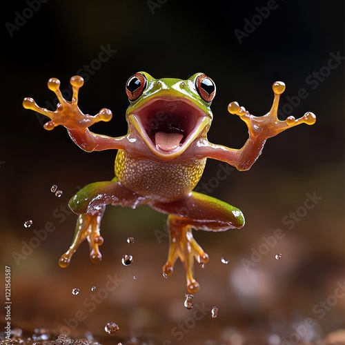 Joyful Frog Leaping in Natural Habitat with Delightful Expression photo