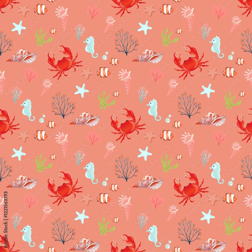 seamless pattern with mermaids, pattern with sea elements, underwater world seamless pattern with mermaids, pattern with sea elements, underwater world