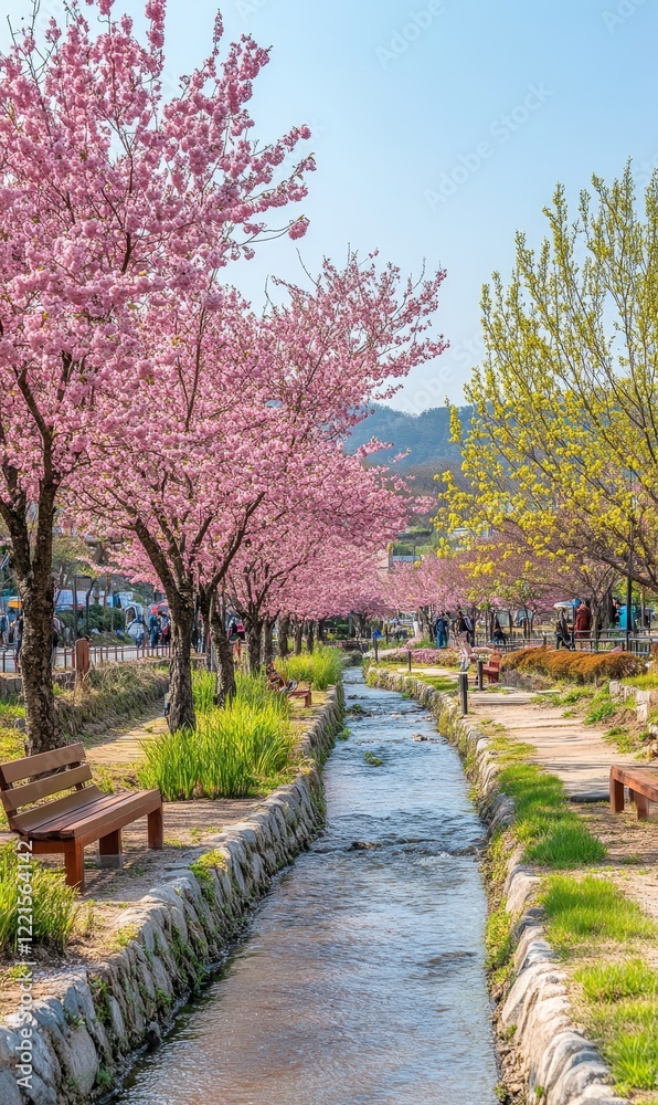 Cherry Blossom Trees Line a Tranquil Stream With Wooden Tables for Relaxation in a Serene Park Setting During Springtime Cherry Blossom Trees Line a Tranquil Stream With Wooden Tables for Relaxation in a Serene Park Setting During Springtime