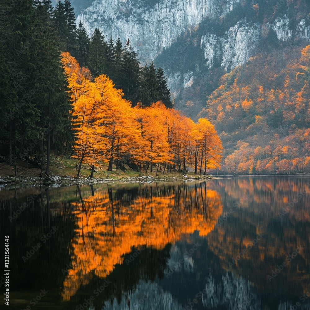 Obraz premium Alpine lake with autumn trees reflected in the water, Bavaria, Germany
