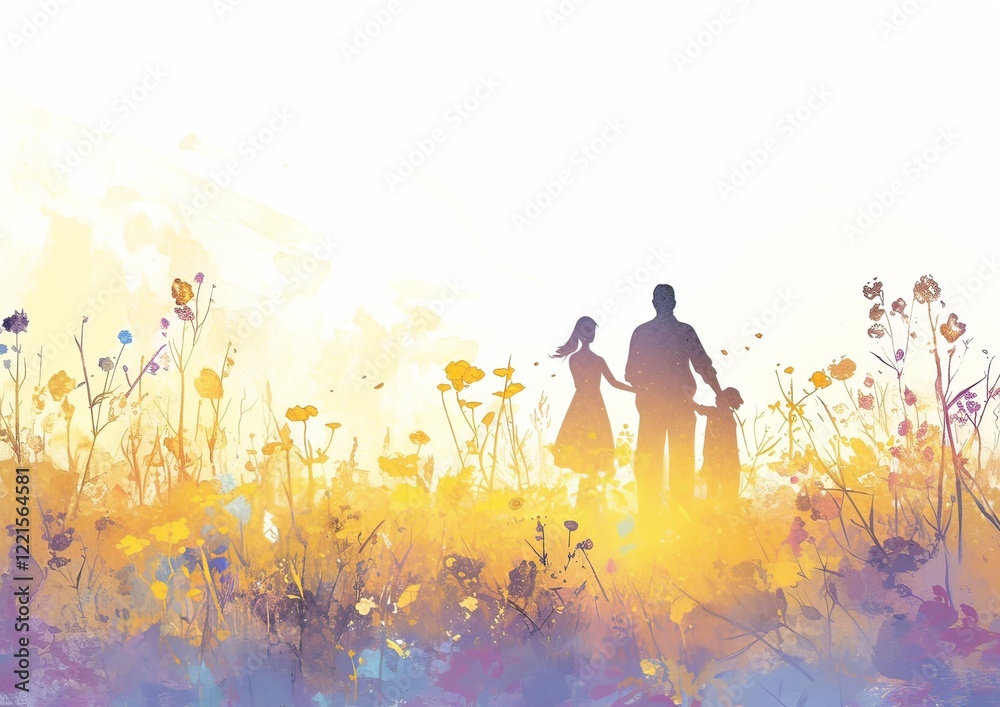 Fototapeta premium A family silhouette with the father holding his daughter on his shoulders, and their two other children standing beside them in an open field.