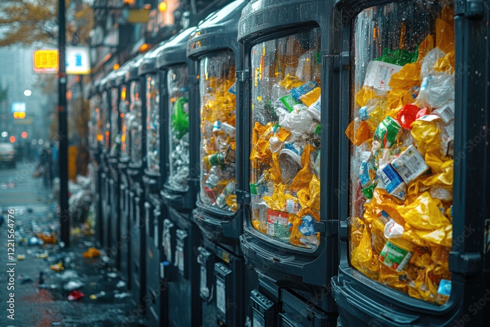 Obraz premium Row of vending machines on a city street, urban setting
