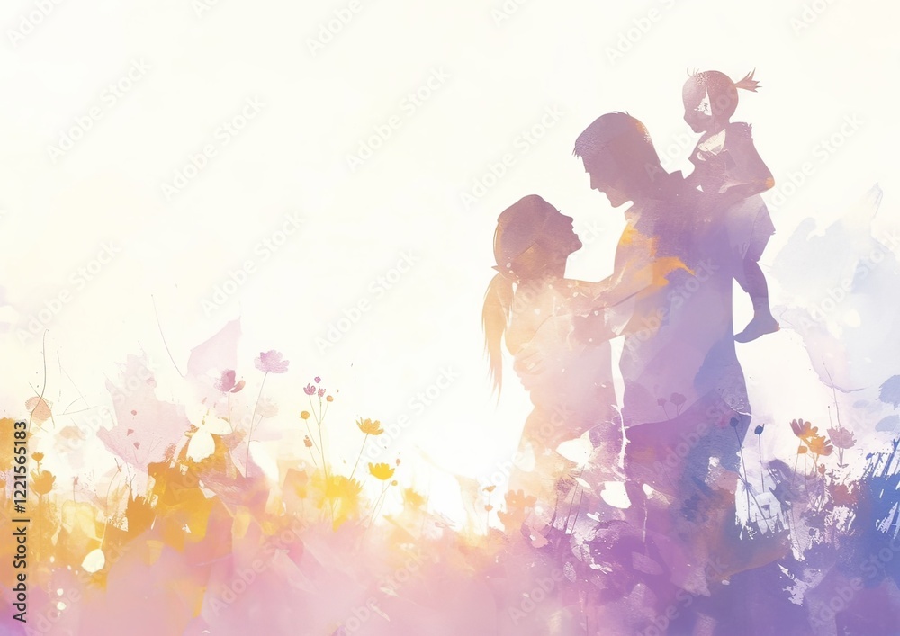A family silhouette with two parents and three children, one child laughing on the father's shoulders, all depicted in soft watercolor strokes with a harmonious purple, pink, and yellow background. A family silhouette with two parents and three children, one child laughing on the father's shoulders, all depicted in soft watercolor strokes with a harmonious purple, pink, and yellow background.