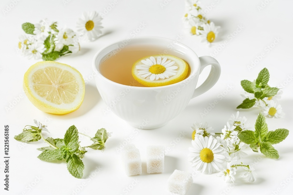 A cup of hot tea with lemon and mint leaves, perfect for relaxation A cup of hot tea with lemon and mint leaves, perfect for relaxation