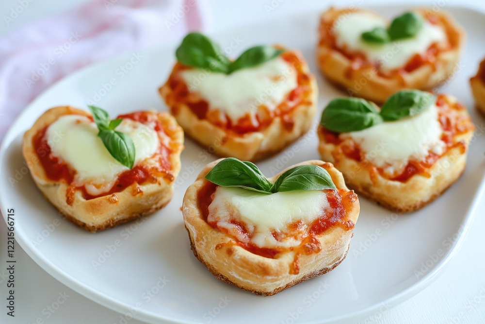 Mini heart-shaped pizzas with melted cheese . Mini heart-shaped pizzas with melted cheese .