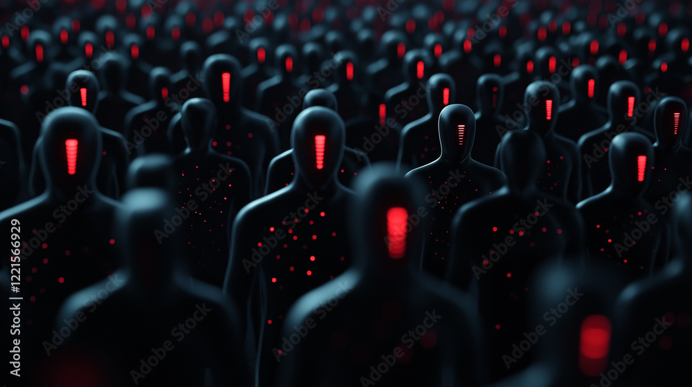Fototapeta premium A digital crowd of faceless black figures, with a few glowing red silhouettes scattered among them, representing hidden insider threats in a high-tech environment.