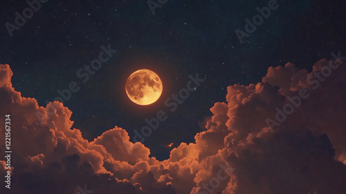 Orange Moonlit Night Sky with Clouds and Stars