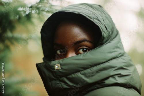 A woman wears a green jacket with a hood covering her face, suitable for surveillance or mystery scenes