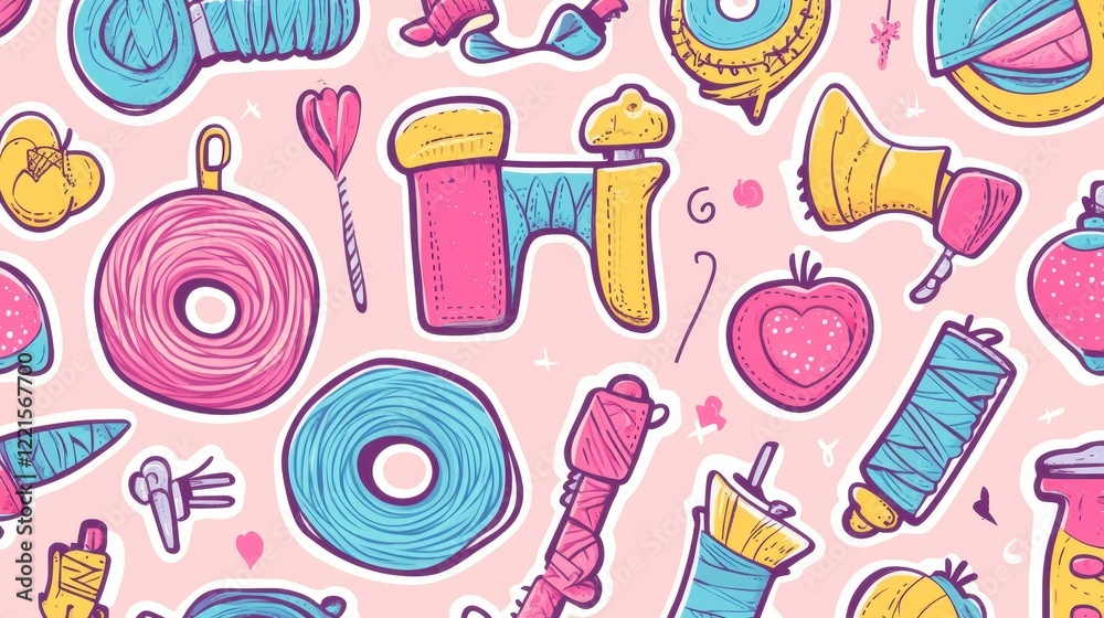 Colorful Yarn Spools and Craft Supplies Pattern Design Colorful Yarn Spools and Craft Supplies Pattern Design