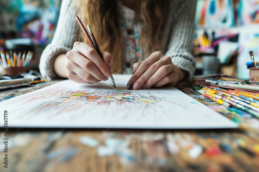 Fototapeta premium Close-up of an Artist's Hands Drawing a Colorful Sketch in a Creative Studio Setting