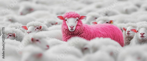 A rare pink sheep stands out among the crowd of white sheep on a farm field