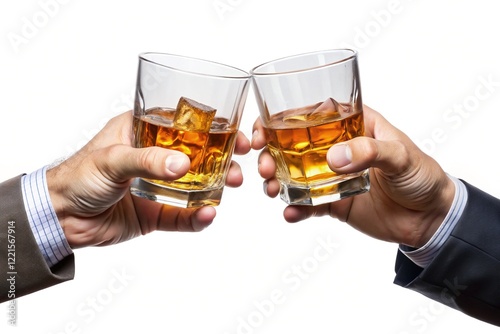 Two People Cheers with Whiskey Glasses - Two hands clinking glasses of whiskey, celebrating with a toast in a social setting.

 