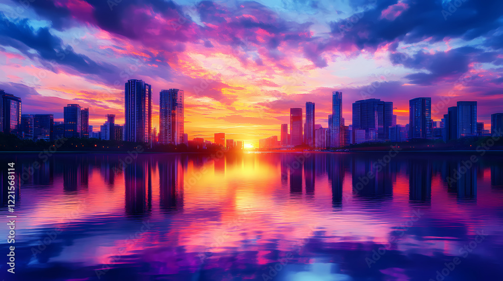 Fototapeta premium A stunning sunset over a city skyline, reflecting vibrant colors on the tranquil river water. Indigo Horizon. Illustration