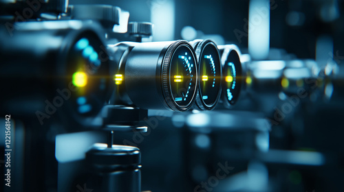 A detailed image of a modern optometric device with sharp lens edges and glowing LED markers, capturing the sophistication of vision testing. photo