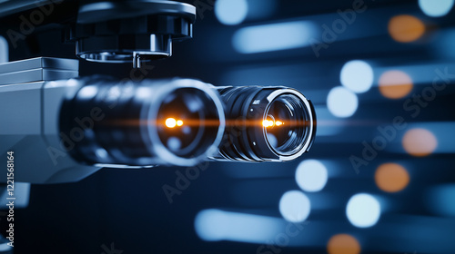 A detailed image of a modern optometric device with sharp lens edges and glowing LED markers, capturing the sophistication of vision testing. photo