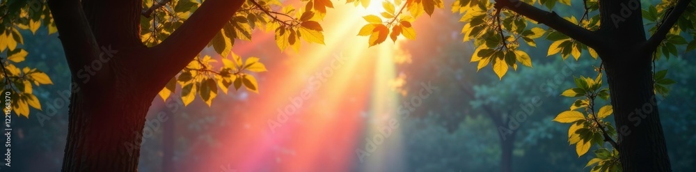 Glowing rainbow light seeps through tree branches in sunlight, sunlight, branches Glowing rainbow light seeps through tree branches in sunlight, sunlight, branches