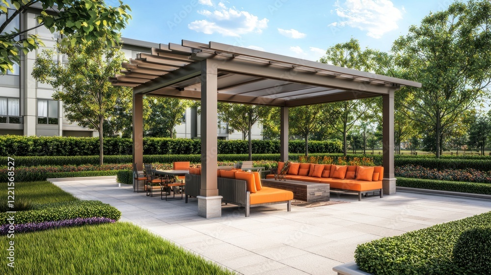 Outdoor Patio Relaxation Area with Fire Pit and Modern Pergola Outdoor Patio Relaxation Area with Fire Pit and Modern Pergola