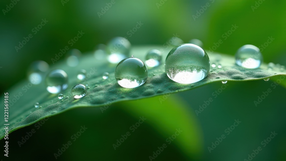 Macro photography of dew drops on a green leaf with natural reflections Macro photography of dew drops on a green leaf with natural reflections