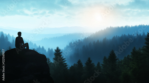 A silhouette of an individual on a rock, looking out at a beautiful forest landscape, symbolizing the clarity and peace found in the journey of sobriety recovery.