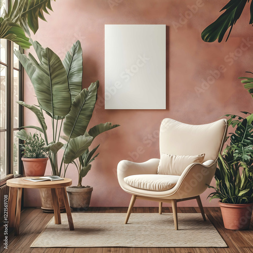 Design an interior with terracotta walls with a plain white a4 canvas hanging on it large potted plants like furtuna and bamboo planters in clay pots a textured ru photo