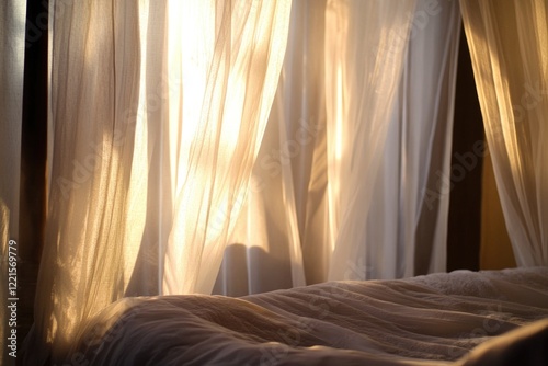 A cozy bedroom interior with a white comforter and curtains
