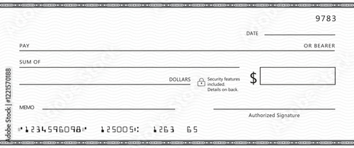Blank bank check, checkbook cheque template with blue guilloche, vector mockup. Money payment bank check voucher or pay cash cheque certificate, account bill paycheck	