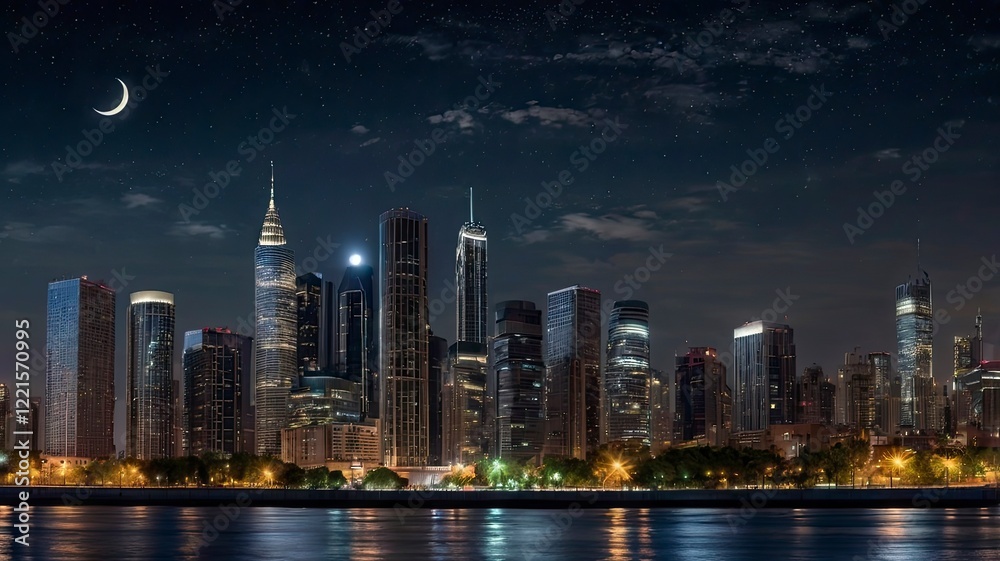 Obraz premium Create a panoramic view of a city skyline at night, with a crescent moon and stars shining brightly, representing the harmony of urban life during the holy month