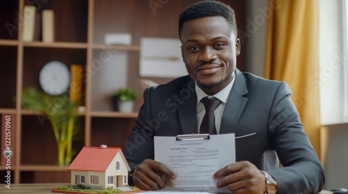 Man in a suit holding a piece of paper in front of a house