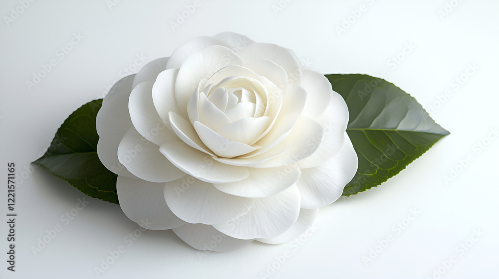 Fototapeta premium Close-up of a pristine white camellia blossom with vibrant green leaves, set against a clean white background.